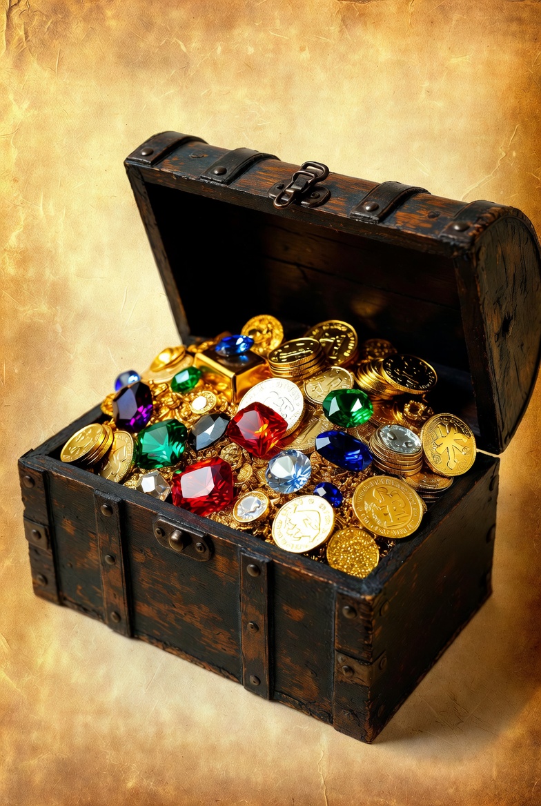 Open treasure chest overflowing with gold coins and gemstones